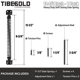 TIBEGOLD 11-1/2" Gate Spring Self Closing, Heavy Duty Black Door Closer Spring, Adjustable Tensioner Automatic Outdoor Gate Closure, Gate Spring Hardware for Wooden and Vinyl Fence, 1 Pack