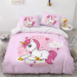 TULTOAP Unicorn Bed Linen 135 x 200 cm Pink Girls Bedding Set Cute Cartoon Rainbow Unicorn Motif Duvet Cover with Pillowcase (C)
