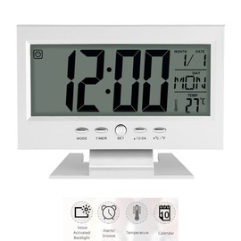 LCD Display Digital Sound Sensor Tisch Schreibtisch Wecker mit Smart Nachtlicht und Snooze Zeit/Datum/Temperaturanzeige(Silber)