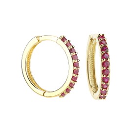 9ct Yellow Gold Ruby Hoop Huggie Earrings - 15mm Diameter