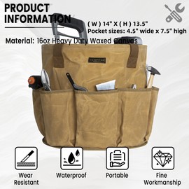 Heavy-Duty 16oz Waxed Canvas Garden Tool Tote with Handle, Wide-Mouth Open Top Design 14 inch Tool Bag | Khaki