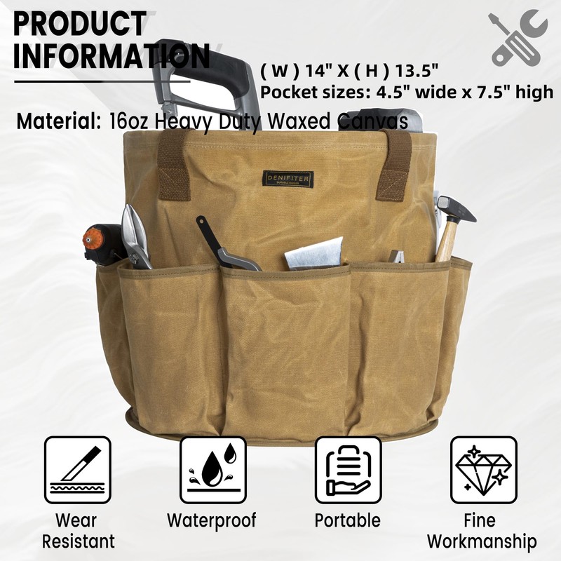 Heavy-Duty 16oz Waxed Canvas Garden Tool Tote with Handle, Wide-Mouth