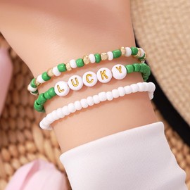 Pingyongchang Pingyongchang St. Patricks Day Stackable Beaded Holiday Bracelets Set for Women Elastic Layering Lucky Shamrock Stretch Irish Green Leaf Bohemian Carnival Festive Favors Accessories Birthday Gifts-F