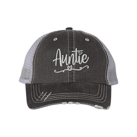 Go All Out One Size Black/Grey Trucker Auntie Heart Embroidered Distressed Trucker Cap