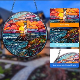 HOTIYOK Lighthouse Stained Acrylic Window Hanging Ocean Ornaments Wall Art Decor for Home Coffee Bar Housewarming Gift for Women Mom Grandma Teacher