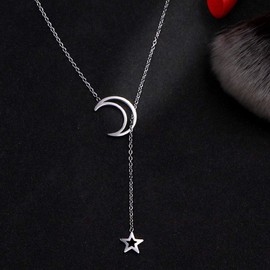 JczR.Y Moon Star Necklace Pendant Half Crescent Horn Pentagram Lariat Y Necklace Adjustable for Women (F:silver)