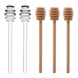 2PCS Glass and 3PCS Wooden Honey Dipper, 6 inch Honeycomb Stick, Honey Stirrer Stick for Honey Jar Dispense Drizzle Honey, For Durable Kitchen Honey Tools