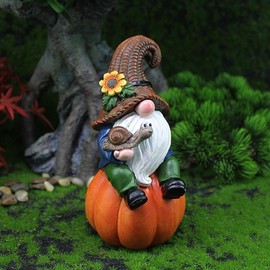 Autumn Gnomes | 5.9 Inches Small Gnomes Figurines Sitting A Pumpkin Resin | Harvest Aesthetic Gnome Statue Swedish Tomte Fall Yard Decor for Autumn Indoor Outdoor