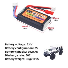 2PCS 7.4V LiPo 2S 50C 800mAh with JST and PH2.0 Plug with 2-in-1 Charger for SCX24 RC car Battery, Compatible with Most 1/10, 1/16, 1/18, 1/24 Scale RC car, Truck and RC Drone Batteries