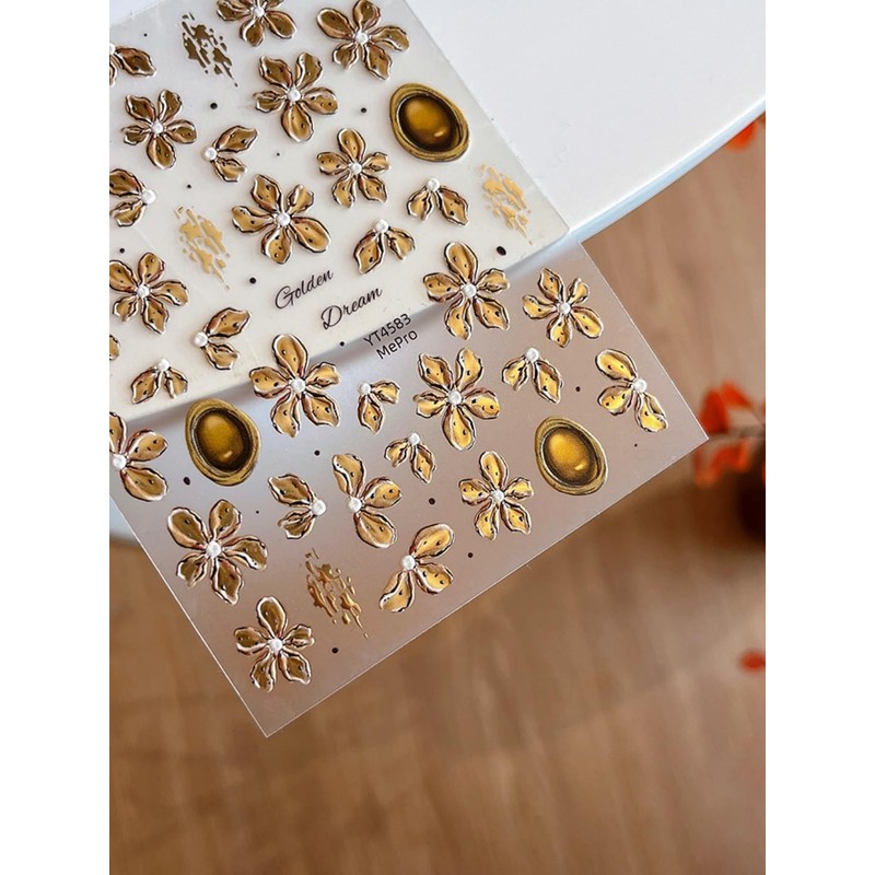 WENYUEN Gold Foil Relief Devil Flower Nail Stickers 3D 3D