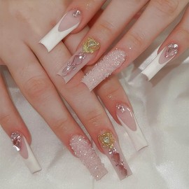 Rchovsam Long Press on Nails Square French Tip Nails Press Ons Pink Love Diamond Designs Fake Nails French White Acrylic Full Cover Gel False Nails Gift for Women 24pcs