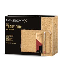 Max Factor, Gift Box for Women Teddy Chic Soft Teddy Fabric Clutch Bag with Lipfinity 070 Spicy + Colour Elixir Lipstick 5 Brown n Nude