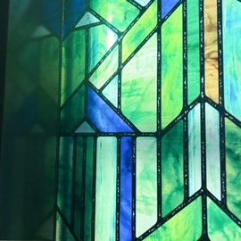 ChicSkin Original Hand Drawn Faux Stained Glass Window Film, Double-Sided Privacy Static Film, Cool Aqua Green Geometry Patterns Inspired by Hollyhock House, Peep Proof 11.02"X55.12"