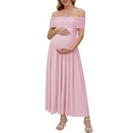 OUGES Women's 2025 Summer Spring Off The Shoulder Mesh Maxi Maternity Baby Shower Dresses for Photoshoot Party Wedding Guest Sleeveless Pleated Formal Long Flowy Pregnancy Must Have Clothes(Pink,L)