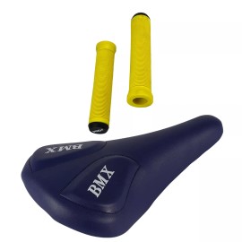 PRO+ Blue BMX Vinyl & Yellow OD Flangeless Grips BMX BIKE