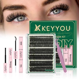 DIY Eyelash Extension Kit KEYYOU LASH 300 Pieces Individual Eyelash Extension Kit 60D80D100D D Curl 8-16MIX Eyelash Clusters with Glue Remover Applicator for Beginners (Kit-60D80D100D, 8-16MIX)