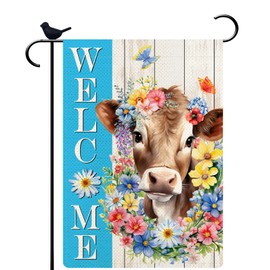 PIPISASA Spring Garden Flag Funny Cattle Ox Cute Animals Welcome Spring Holiday Decorations Burlap Vertical Double Sided Farmhouse Yard Lawn Outdoor Decor 12.5 x 18 Inch