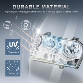 KUIPERAUTO Pair Headlights Assembly Compatible for 2005-2010 Chrysler 300 Halogen Type w/Chrome Housing Bulbs are included Driver and Passenger Side Headlamp
