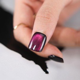 Purple Press on Nails Short Square Acrylic Nails Cat Eye Color Changing Fake Nails UV Finish Gel Glue on Nails Glitter Full Cover False Nails Glossy Reusable Artificial Nails for Women 24 Pcs