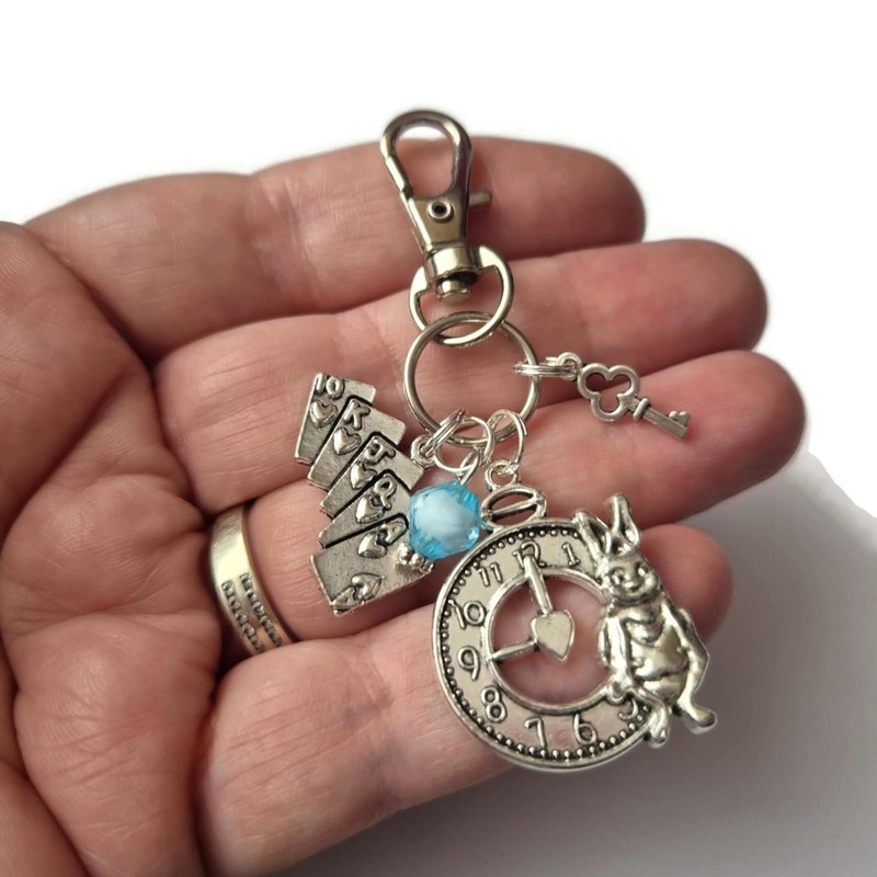WONDERLAND themed charm bag clip keyring gift, Alice rabbit key