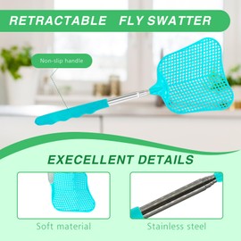 MYSTICHOME Fly Swatter 1 PCS, Durable Heavy Duty Plastic Fly Swatters, Stainless Steel Telescopic FlySwatter for Indoors/Outdoor/Kitchen/Garden (Blue)