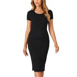 LYANER Women's Summer Round Neck Short Sleeve Ribbed Knit Bodycon Pencil Midi Dress Black Medium