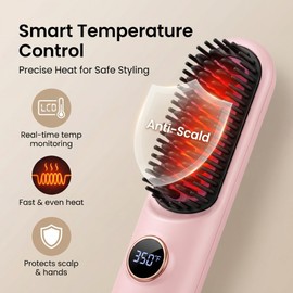 Pink Latest Hairdressing Comb, 2026 Upgraded Ceramic Hairdressing Comb Smooth, Frizz-Free Hair Anytime, Portable Wireless 2-in-1 Hairs Dressing Combs, 3 Adjustable Temperatures