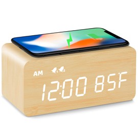 MOSITO Digital Wooden Alarm Clock with Wireless Charging, 0-100% Dimmer, Dual Alarm, Weekday /Weekend Mode, Snooze, Wood LED Clocks for Bedroom, Bedside, Desk, Kids (Bamboo)