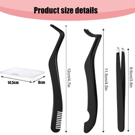 3pcs Eyelash Tweezers, 2 in 1 Eyelash Applicator Tool with Comb, Stainless Steel Lash Extension Tweezers, for DIY Eyelash Clusters False Eyelash Tool Applicator Eyelash Tweezers (Black)