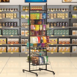 lukar Retail Snack Display Rack,Metal Snack Cart with Wheels,Supermarket Candy Display Shelf Cart with Hooks,Candy Display Rack for Home,Stores, Kitchen, Office