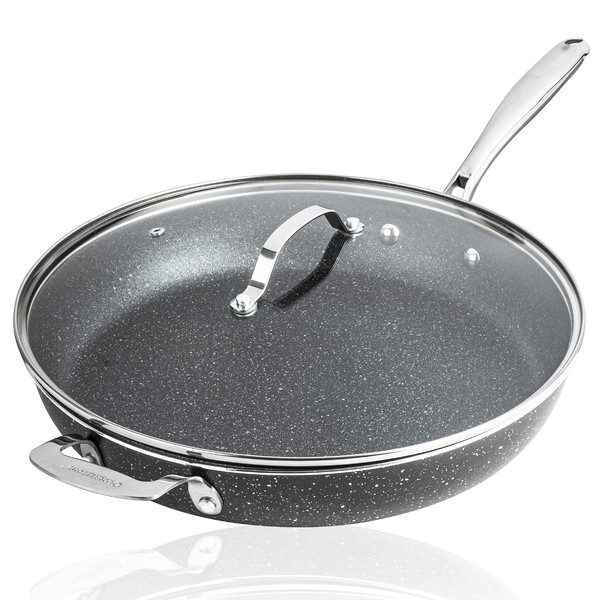 Granitestone 14” Frying Pan with Lid, Large Non stick Frying Pan for Cooking, Frying Pan Nonstick, Ultra Durable Mineral and Diamond Coating, Family Sized Open Skillet, Oven and Dishwasher Safe, Black