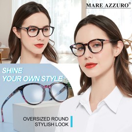 MARE AZZURO Large Reading Glasses Women Trendy Round Readers 100 125 150 175 200 225 250 275 300 350 400 500 600 (Black Floral, 5.00)