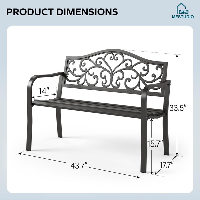 MFSTUDIO 43.7 Inches Outdoor Garden Bench, Cast Iron Metal Frame