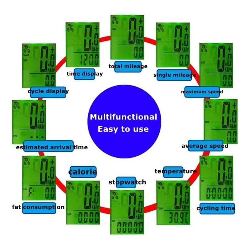 TOTMOX Wireless Bicycle Computer with Green LCD Backlight, Bicycle Speedometer