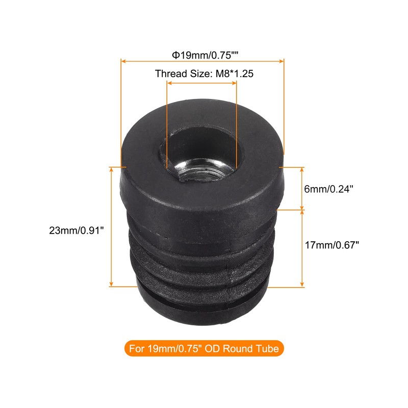 Sourcing Map 8Pcs M8 Threaded Plastic Black Tube End Cap