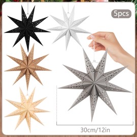 EASY JOY 5PCS Grey 9-Pointed 12 Inch Paper Star Lanterns Christmas Hanging Lamp Paper Decorations 3D Star Light Shade for Wedding Birthday Christmas Home Party Decorations