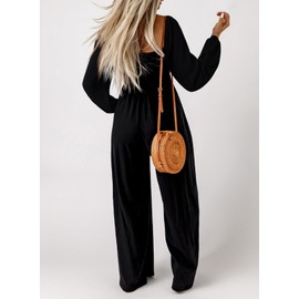 Happy Sailed Jumpsuits for Women Dressy Fall Square Neck Long Sleeve One Piece Jumpsuit Rompers Overalls Wide Leg Long Pants Vacation Outfits Black Small