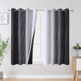 VEHEDE Blackout Noise Reducing Eyelet Curtains & Drapes for Bedroom, Ombre Energy Saving Thermal Curtains, Wave Gradient Curtains for Small Window, W52 x L54 Inch, Black and Greyish White, 2 Panels