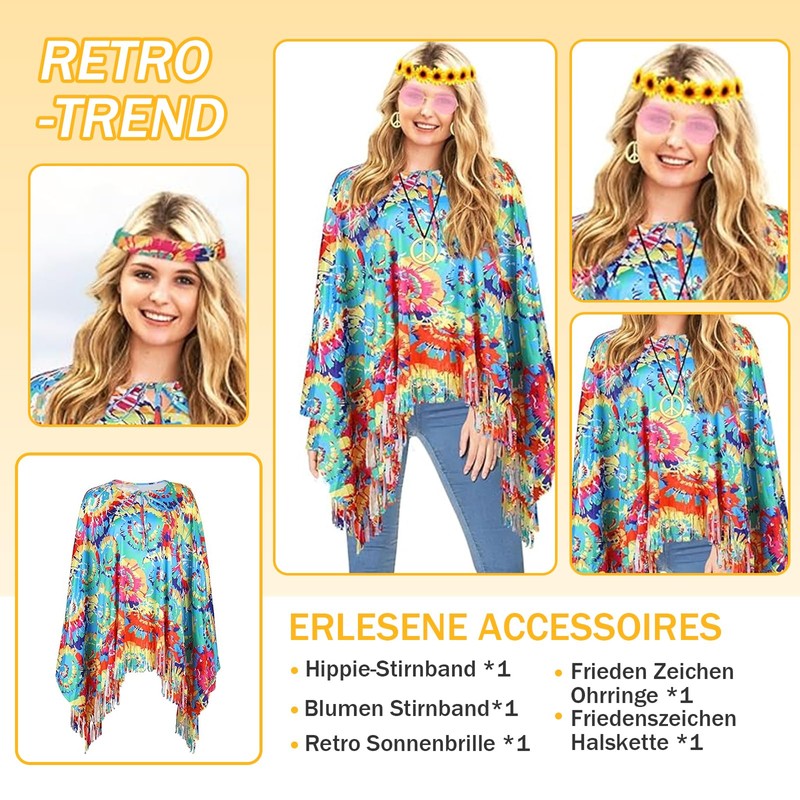 NUUOTP Hippie Costume Women's Set with Poncho, Headbands, Accessories for