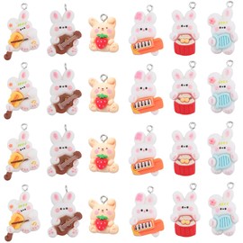 SUNNYCLUE 1 Box 24Pcs 6 Styles Rabbit Charms Bulk Bunny Charm Bulk Resin Cartoon Easter Bunny Colorful Music Instrument Animal Charms for jewellery Making Charms Keychain Earring Necklace DIY Crafts