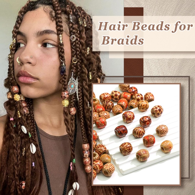 VENOFEN 60PCS Painted Wood Hair Beads Large Hole Natural Wooden