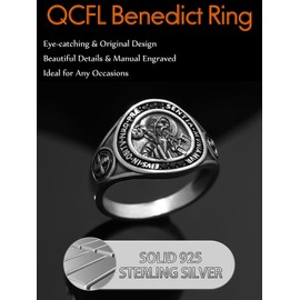 QCFL Saint St Benedict Ring For Men Sterling Silver Relious Jewelry St Saint Benedict Ring Relious Birthday Gift For Husband Men Father Son Brother Friend Size 8-13