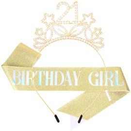 Ondder Gold 21st Birthday Sash and Tiara Shiny Birthday Crown and Sash Kit 21st Star Headband Sparkly Rhinestone Headband Party Favors Supplies for Girls