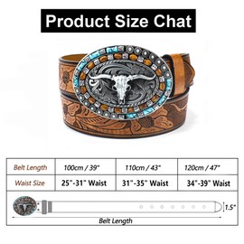NociHah Adjustable Men-Western-Leather-Belt，Unisex Vintage Country-Belts For Cowboy Jeans Dresses Ladies Concho-Belt With Turquoise-Longhorn-Bull Buckle Fit for 34"-39"