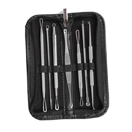 Kit para Barros y Espinillas con 7 Herramientas de Extracción de Comedones de Acero Inoxidable con Bolsa de Cuero Sintético para Cuidado Facial Profes