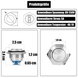 Powice 25mm Taster Wasserdicht Momentaner Zurücksetzen Schalter aus Edelstahl,Druckschalter Drucktaster 5A/12V/24V/125V/250V,Geeignet für Autos, Zündanlagen, Türklingeln (Flacher Kopf)