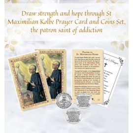 Saint Maximilian Kolbe Prayer Card - Italian St Kolbe Medal Tokens, The Lord's Prayer - Laminated St Maximilian Kolbe Card - St Maximilian Kolbe Prayer Card, Patron Saint of Addiction Set - 7 Items