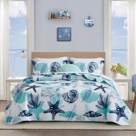 Tritard 3 Piece Coastal Full/Queen Quilt Sets Nautical Reversible Lightweight Bedspread Coverlet with 2 Shams Blue Starfish Conch Beach Microfiber Bedding Quilt Set for All Season, 90''x96''