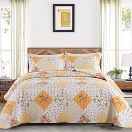 Dinjoy Yellow Quilt Set Queen Size, Reversible Floral Plaid Patchwork Pattern Bedding Set Soft Microfiber Lightweight Bedspread Coverlet 3 Piece Spring Summer Use (96"x90")