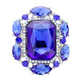 Rosemarie & Jubalee Women's Statement Emerald Cut Glass Crystal Stretch Cocktail Ring (Royal Blue Crystal Silver Tone)